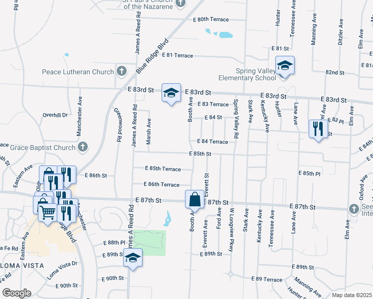 map of restaurants, bars, coffee shops, grocery stores, and more near 8417 Booth Avenue in Raytown