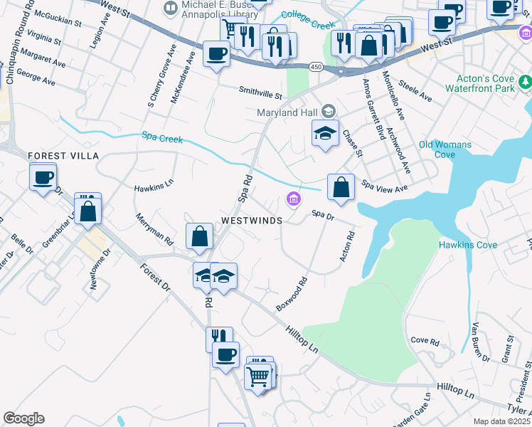 map of restaurants, bars, coffee shops, grocery stores, and more near 14 Silopanna Road in Annapolis