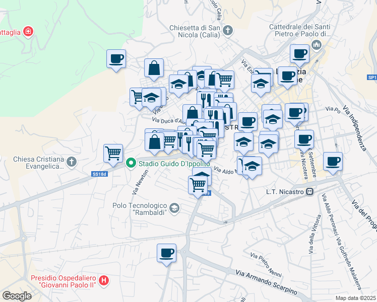 map of restaurants, bars, coffee shops, grocery stores, and more near 109 Via Guglielmo Marconi in Lamezia Terme
