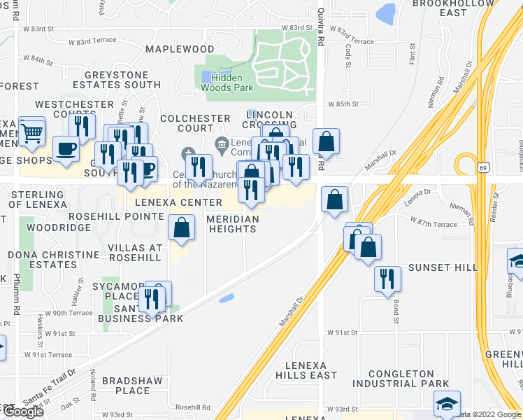 map of restaurants, bars, coffee shops, grocery stores, and more near 12212 West 88th Street in Lenexa