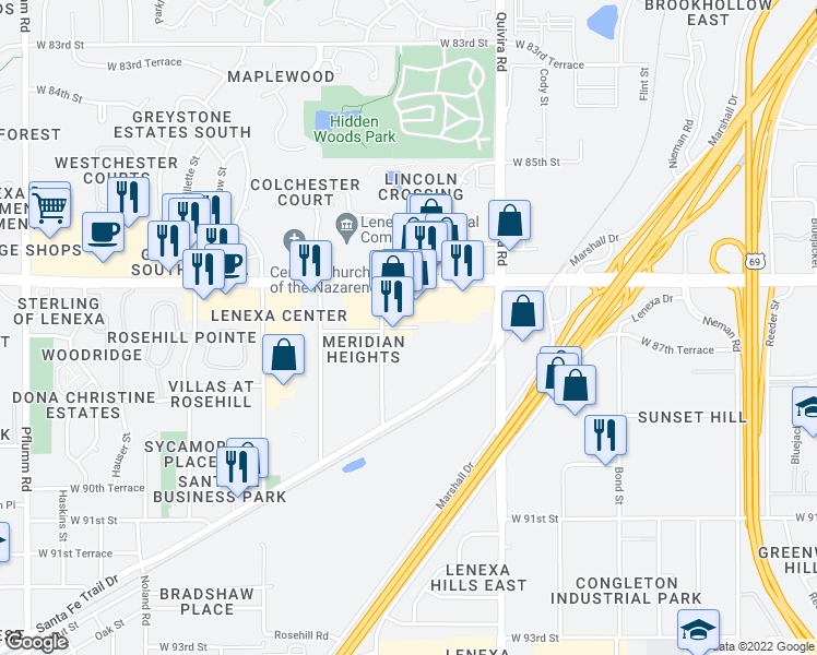 map of restaurants, bars, coffee shops, grocery stores, and more near 12114 West 88th Street in Lenexa