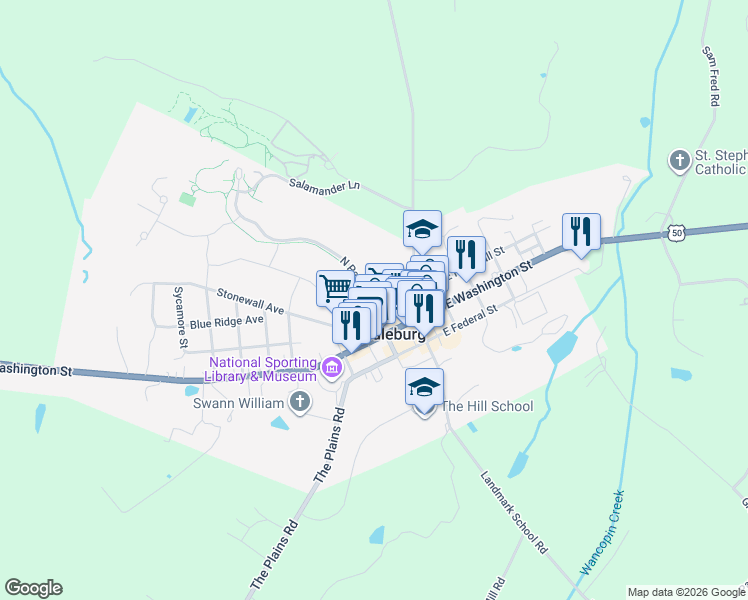 map of restaurants, bars, coffee shops, grocery stores, and more near 16 West Marshall Street in Middleburg