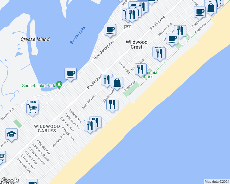 map of restaurants, bars, coffee shops, grocery stores, and more near 7203 Atlantic Avenue in Wildwood