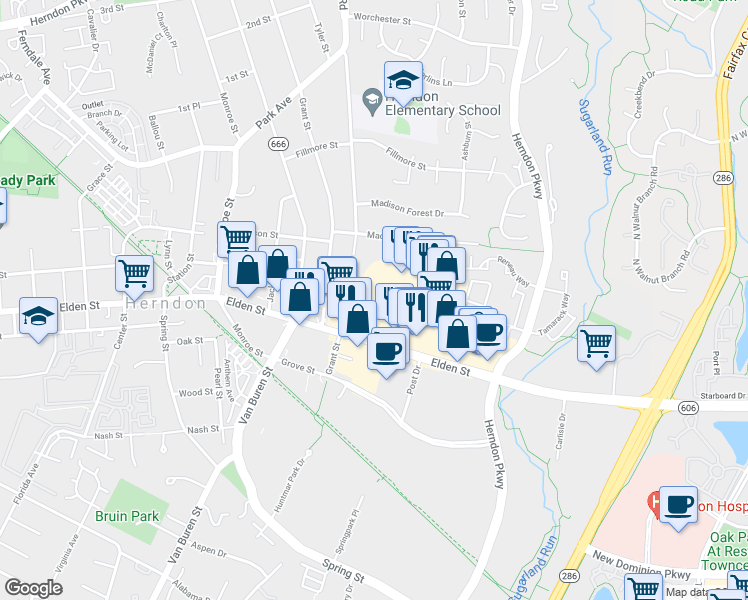 map of restaurants, bars, coffee shops, grocery stores, and more near 490 Elden Street in Herndon