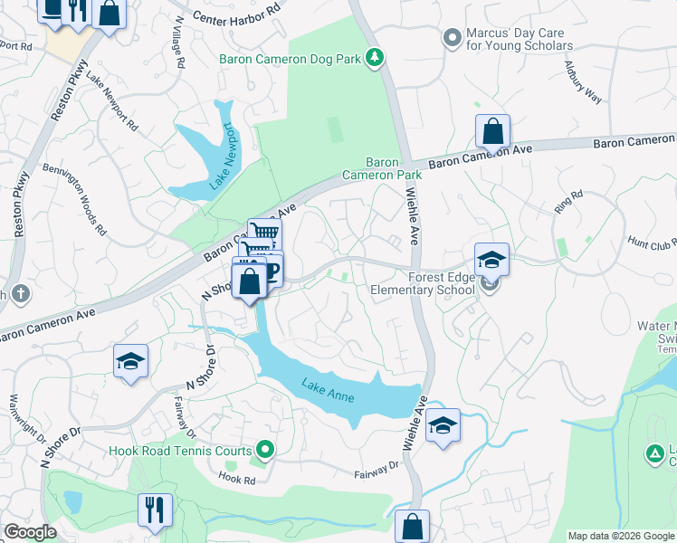 map of restaurants, bars, coffee shops, grocery stores, and more near 11301 North Shore Drive in Reston