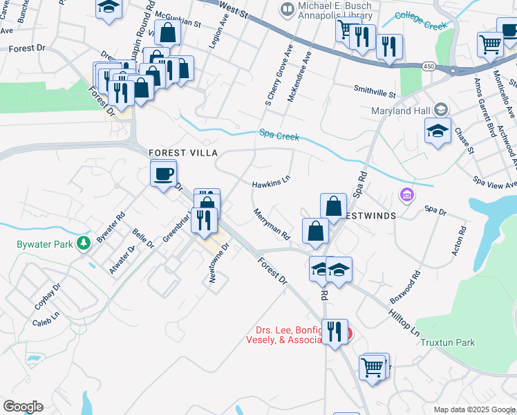 map of restaurants, bars, coffee shops, grocery stores, and more near 407 Merryman Road in Annapolis