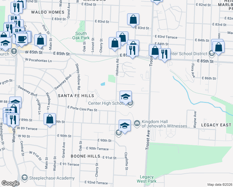 map of restaurants, bars, coffee shops, grocery stores, and more near 8715 Holmes Road in Kansas City