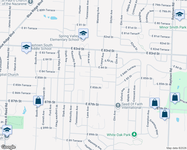 map of restaurants, bars, coffee shops, grocery stores, and more near 9004 East 85 Street in Raytown