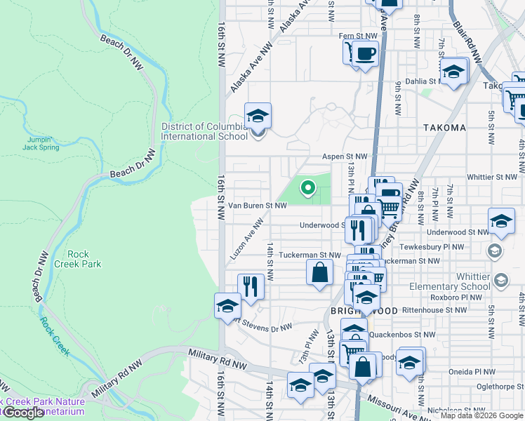 map of restaurants, bars, coffee shops, grocery stores, and more near 1400 Van Buren Street Northwest in Washington