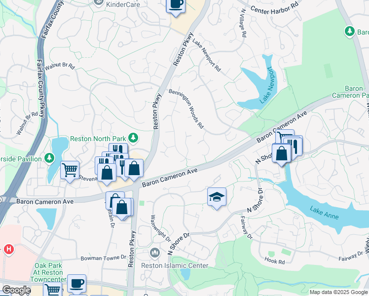 map of restaurants, bars, coffee shops, grocery stores, and more near 1652 York Mills Lane in Reston