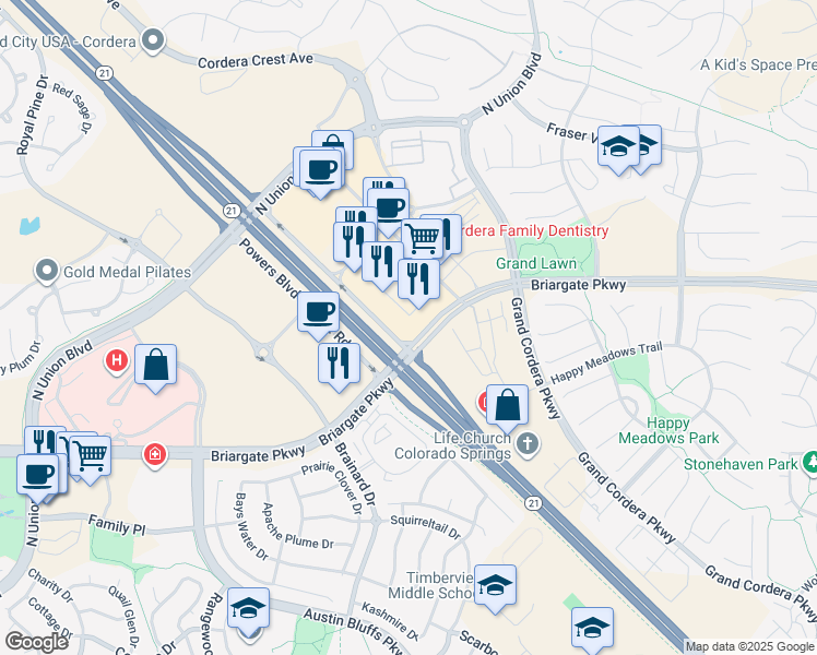 map of restaurants, bars, coffee shops, grocery stores, and more near N Powers Blvd in Colorado Springs