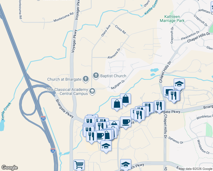 map of restaurants, bars, coffee shops, grocery stores, and more near 1895 Springcrest Road in Colorado Springs