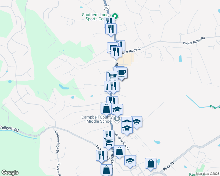 map of restaurants, bars, coffee shops, grocery stores, and more near 7901 Alexandria Pike in Alexandria