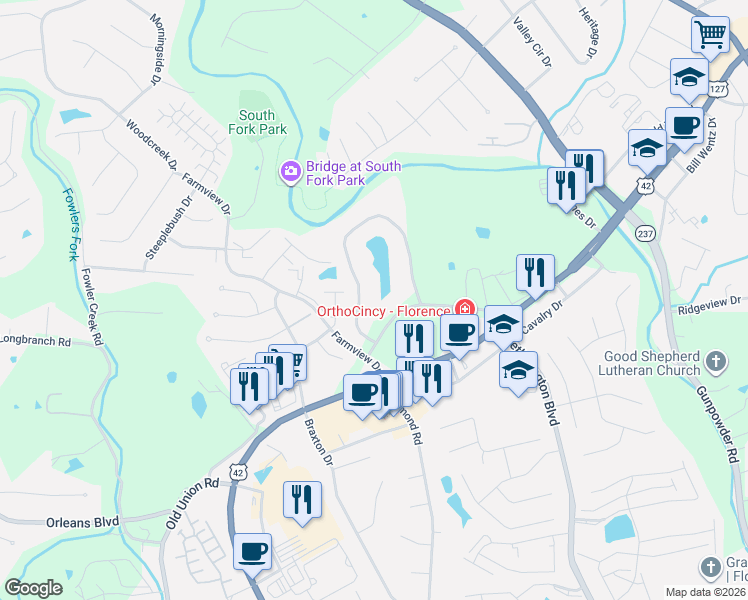 map of restaurants, bars, coffee shops, grocery stores, and more near 16 Rio Grande Circle in Florence