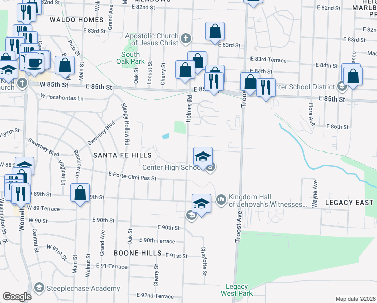 map of restaurants, bars, coffee shops, grocery stores, and more near 8619 Holmes Road in Kansas City