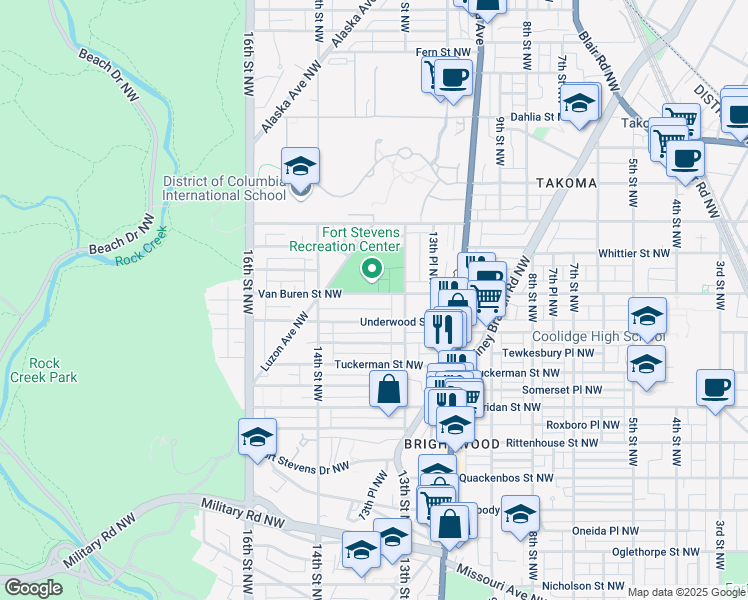 map of restaurants, bars, coffee shops, grocery stores, and more near 1328 Van Buren Street Northwest in Washington