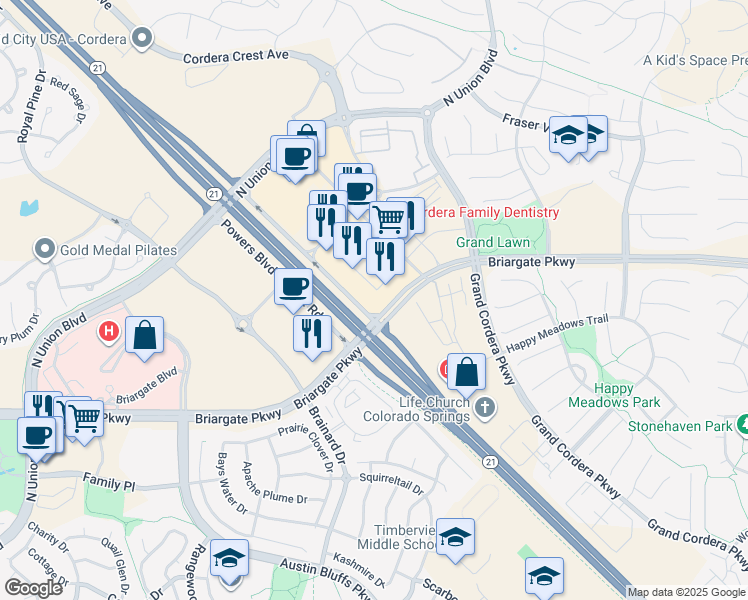 map of restaurants, bars, coffee shops, grocery stores, and more near 9649 Prominent Point in Colorado Springs