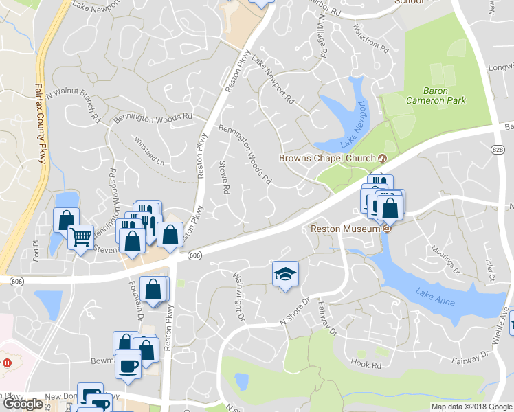 map of restaurants, bars, coffee shops, grocery stores, and more near 1624 Bennington Hollow Lane in Reston