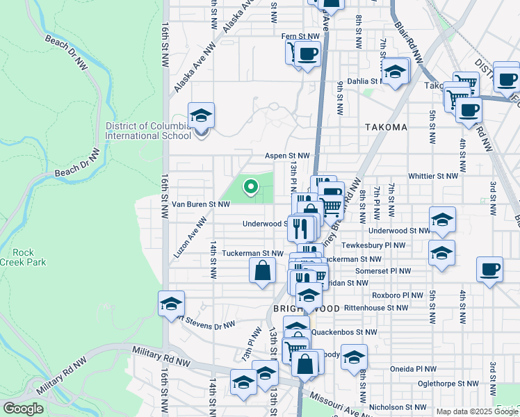 map of restaurants, bars, coffee shops, grocery stores, and more near 1316 Van Buren Street Northwest in Washington