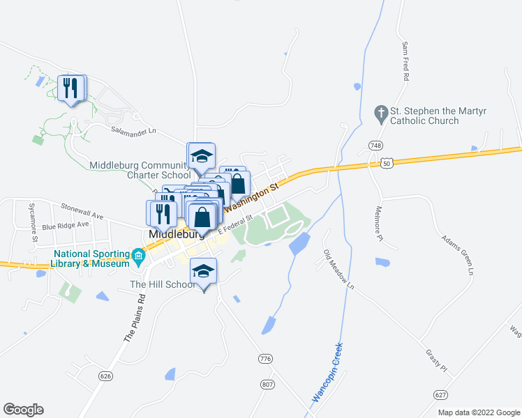 map of restaurants, bars, coffee shops, grocery stores, and more near 210 West Federal Street in Middleburg