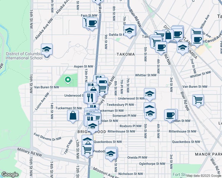 map of restaurants, bars, coffee shops, grocery stores, and more near 812 Van Buren Street Northwest in Washington