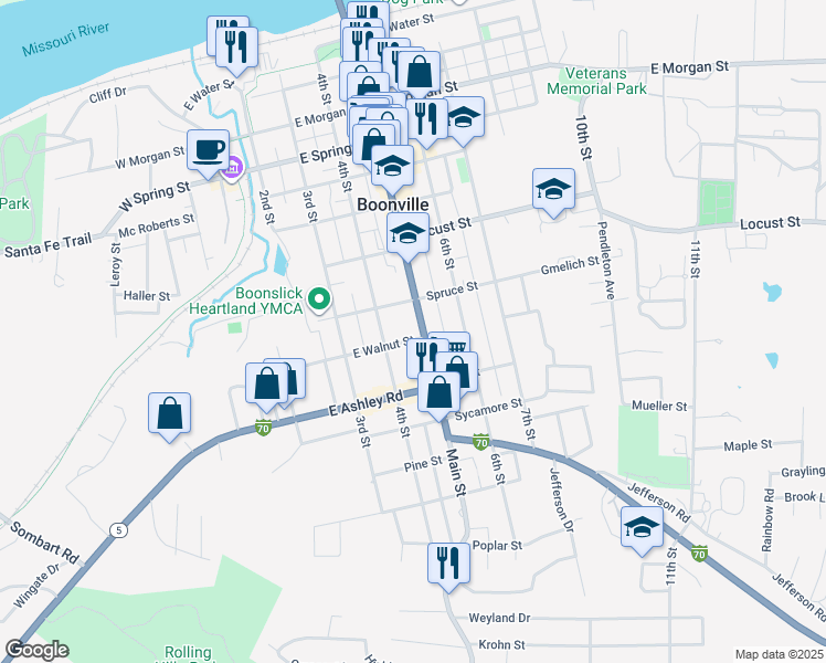 map of restaurants, bars, coffee shops, grocery stores, and more near 821 Main Street in Boonville