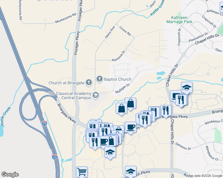 map of restaurants, bars, coffee shops, grocery stores, and more near 1880 Springcrest Road in Colorado Springs