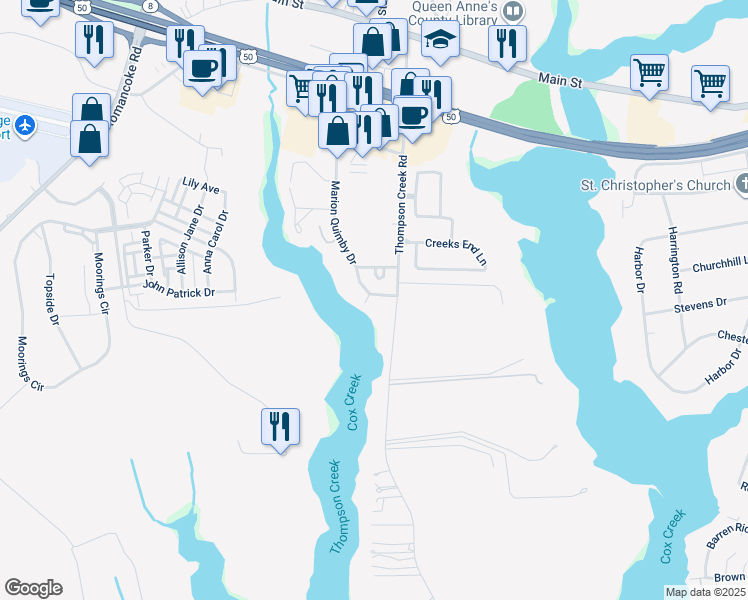 map of restaurants, bars, coffee shops, grocery stores, and more near 8 Mariners Way in Stevensville