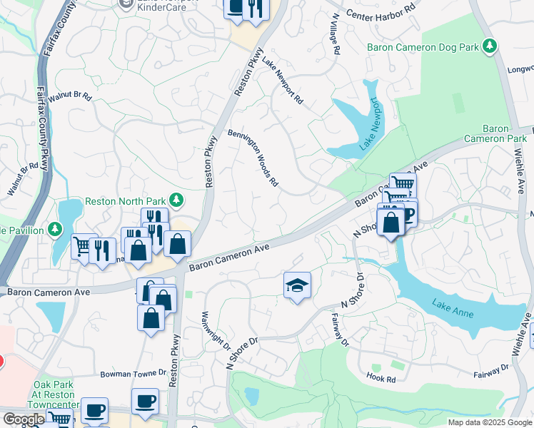 map of restaurants, bars, coffee shops, grocery stores, and more near 1624 Bennington Hollow Lane in Reston