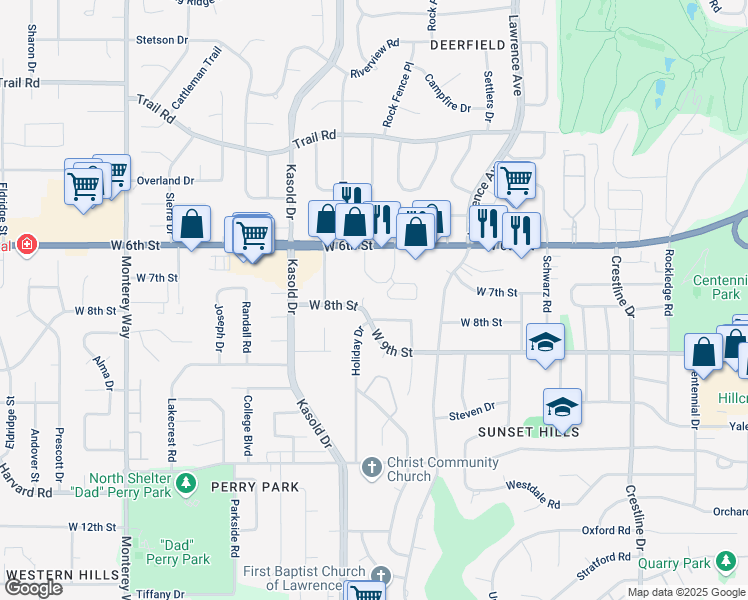 map of restaurants, bars, coffee shops, grocery stores, and more near 660 Gateway Court in Lawrence