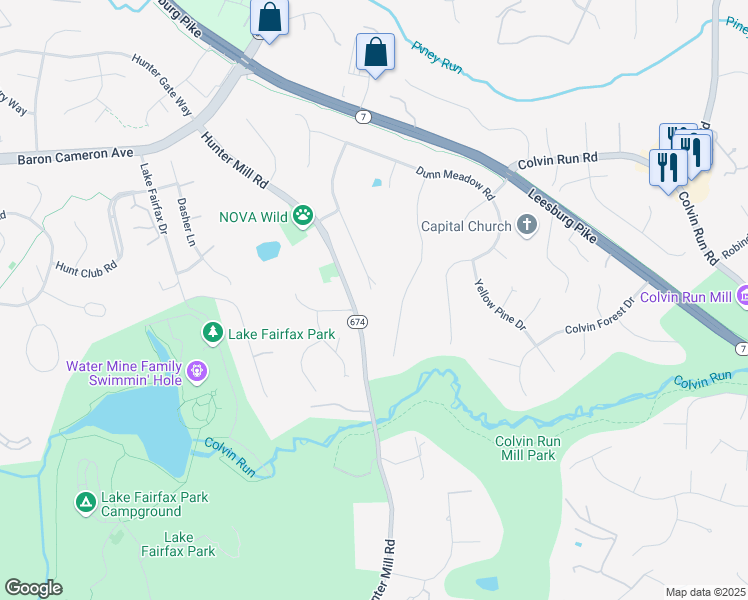 map of restaurants, bars, coffee shops, grocery stores, and more near 1282 Cobble Pond Way in Vienna