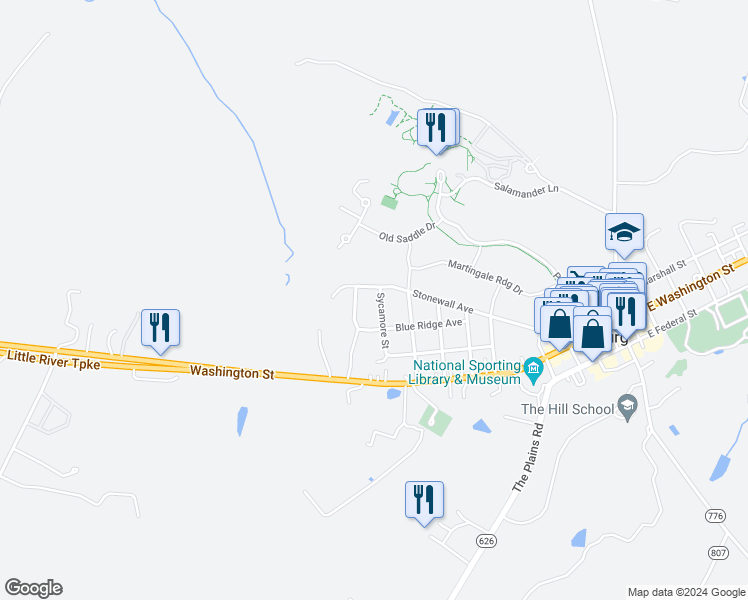 map of restaurants, bars, coffee shops, grocery stores, and more near 208 Sycamore Street in Middleburg