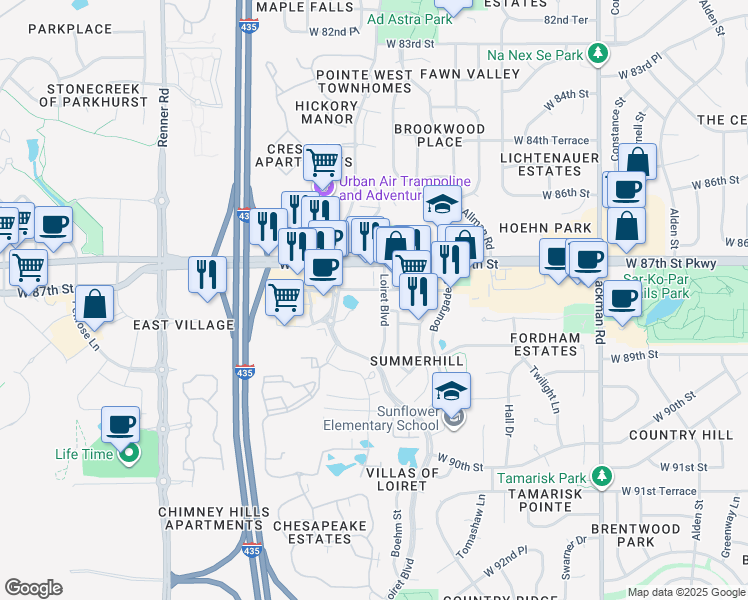 map of restaurants, bars, coffee shops, grocery stores, and more near West 88th Street in Lenexa