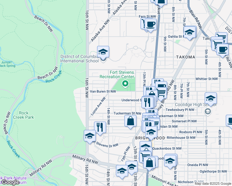 map of restaurants, bars, coffee shops, grocery stores, and more near 1372 Van Buren Street Northwest in Washington