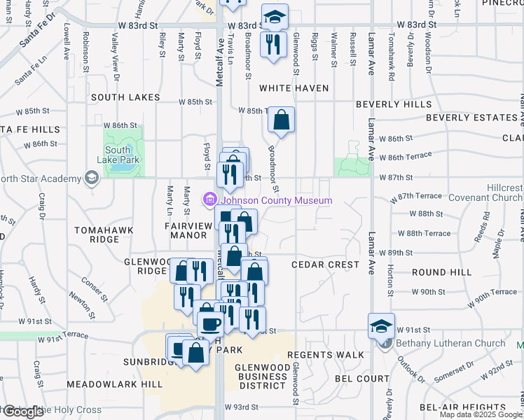map of restaurants, bars, coffee shops, grocery stores, and more near 8738 Broadmoor Street in Overland Park