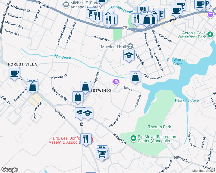map of restaurants, bars, coffee shops, grocery stores, and more near 19 Silopanna Road in Annapolis
