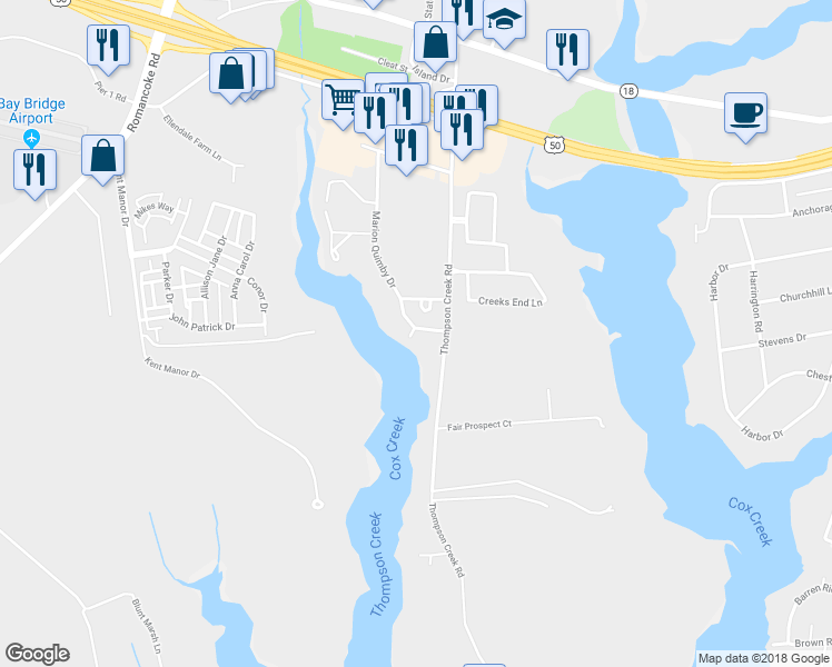 map of restaurants, bars, coffee shops, grocery stores, and more near 18 Mariners Way in Stevensville