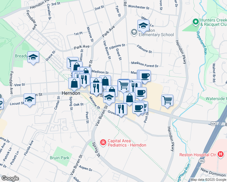 map of restaurants, bars, coffee shops, grocery stores, and more near 724 Van Buren Street in Herndon