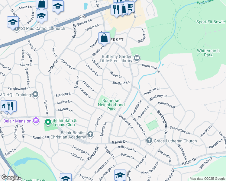 map of restaurants, bars, coffee shops, grocery stores, and more near 12319 Stonehaven Lane in Bowie