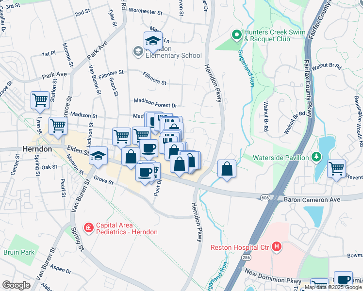 map of restaurants, bars, coffee shops, grocery stores, and more near 127 Herndon Mill Circle in Herndon