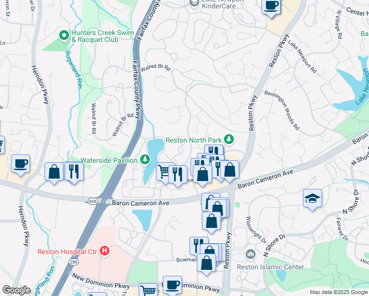 map of restaurants, bars, coffee shops, grocery stores, and more near 12011 Waterside View Drive in Reston