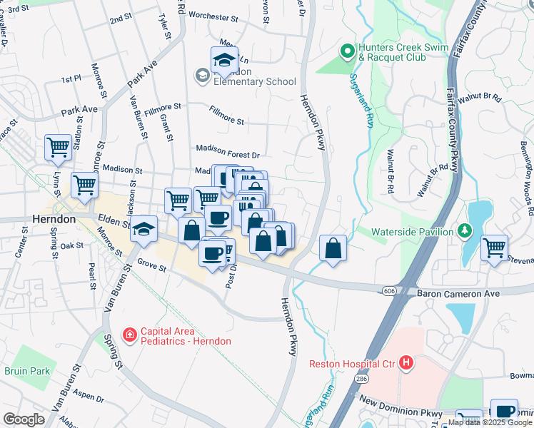 map of restaurants, bars, coffee shops, grocery stores, and more near 127 Herndon Mill Circle in Herndon