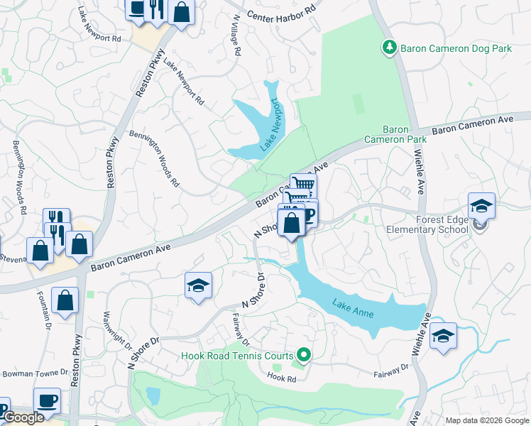 map of restaurants, bars, coffee shops, grocery stores, and more near 11450 North Shore Drive in Reston