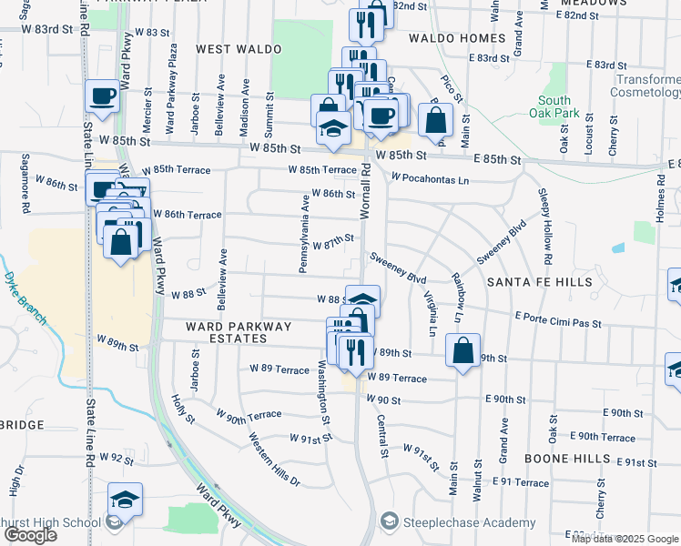 map of restaurants, bars, coffee shops, grocery stores, and more near 418 West 87th Terrace in Kansas City