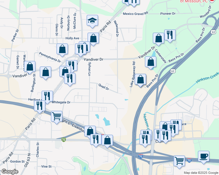 map of restaurants, bars, coffee shops, grocery stores, and more near 2607 Quail Drive in Columbia