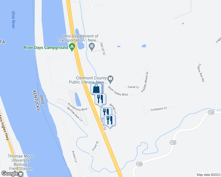 map of restaurants, bars, coffee shops, grocery stores, and more near 311 River Valley Boulevard in New Richmond