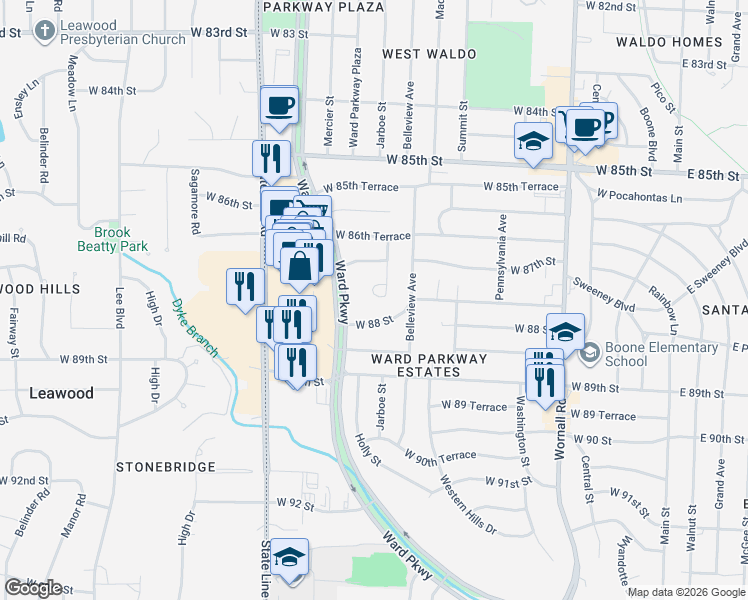 map of restaurants, bars, coffee shops, grocery stores, and more near 8710 Jarboe Street in Kansas City