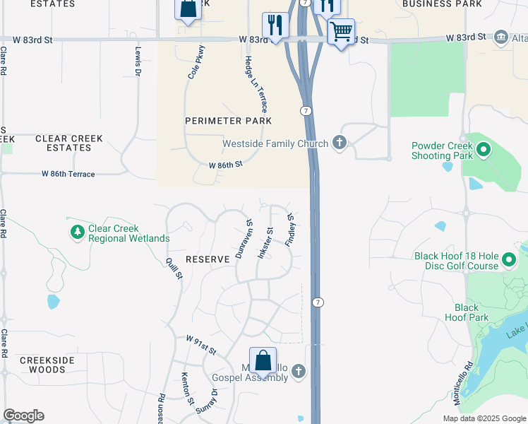 map of restaurants, bars, coffee shops, grocery stores, and more near 8719 Dunraven Street in Lenexa