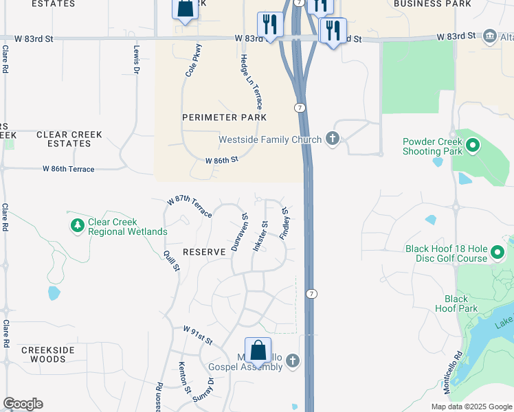 map of restaurants, bars, coffee shops, grocery stores, and more near 8719 Dunraven Street in Lenexa