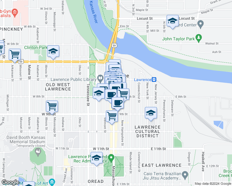 map of restaurants, bars, coffee shops, grocery stores, and more near 735 New Hampshire Street in Lawrence